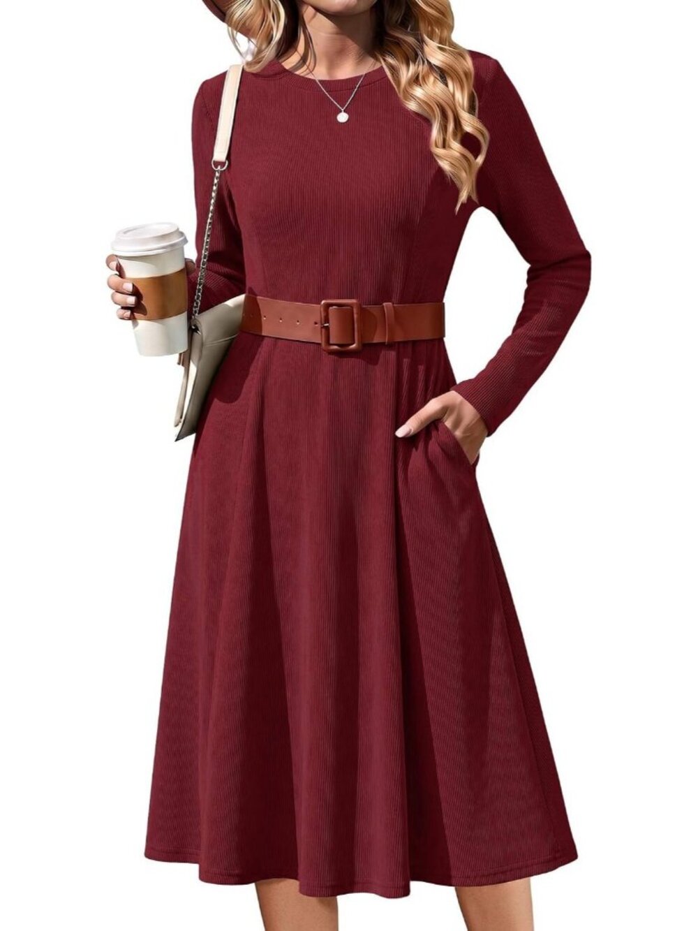 Women's Wine Red Sweater Crew Neck Long Sleeve Ribbed Knit A Line Midi Dresses